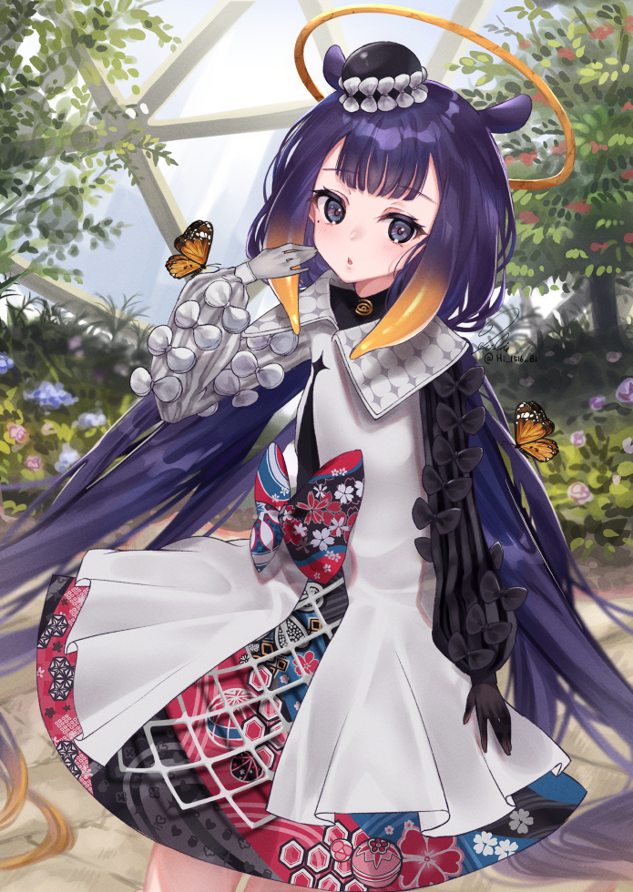 1girl animal_ears asa_no_ha_(pattern) asymmetrical_gloves asymmetrical_sleeves black_gloves blush bow bug butterfly butterfly_on_hand commentary cowboy_shot dress eyebrows_visible_through_hair eyelashes flat_chest floral_print gloves gradient_hair halo hand_to_own_mouth hat heart heart_print hibi_(hibi_1516) hololive hololive_english long_hair long_sleeves looking_at_viewer mesh mini_hat mismatched_gloves mismatched_sleeves mole mole_under_eye multicolored_clothes multicolored_hair multicolored_skirt ninomae_ina'nis official_alternate_costume open_mouth orange_hair plant purple_hair signature skirt small_hands solo standing striped striped_sleeves temari_print tentacle_hair tilted_headwear twintails twitter_username two-tone_hair vertical_stripes very_long_hair violet_eyes virtual_youtuber white_dress white_gloves