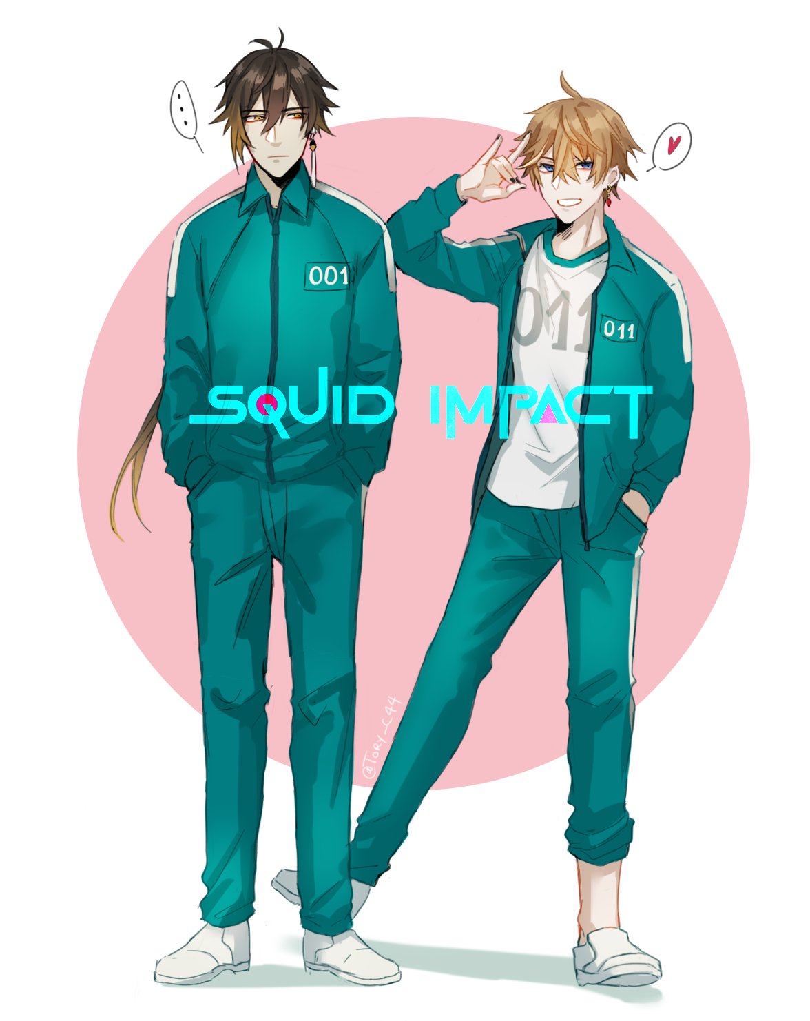 ... 2boys :| arm_up bangs black_nails brown_hair closed_mouth crossover earrings english_commentary expressionless eyeshadow fox_shadow_puppet full_body genshin_impact gradient_hair green_jacket green_pants grin hair_between_eyes hand_in_pocket hands_in_pockets heart highres jacket jewelry long_sleeves looking_at_another looking_at_viewer makeup male_focus multicolored_hair multiple_boys nail_polish orange_eyes orange_hair pants red_eyeshadow shoes single_earring smile sneakers spoken_ellipsis spoken_heart standing tartaglia_(genshin_impact) tassel tassel_earrings teeth tory_c44 track_suit white_footwear zhongli_(genshin_impact)