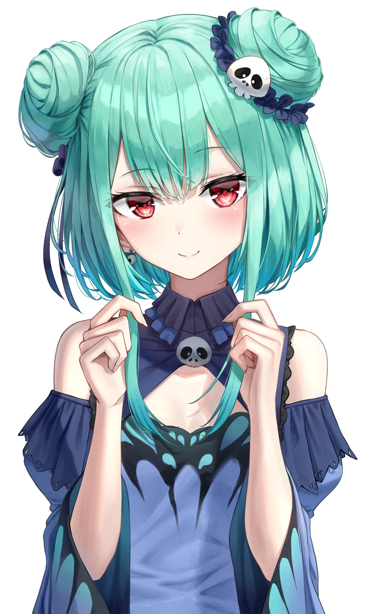 1girl bangs blue_dress blue_ribbon blush closed_mouth commentary_request double_bun dress eyebrows_visible_through_hair green_hair hair_ornament hair_ribbon highres hololive long_hair long_sleeves looking_at_viewer red_eyes ribbon simple_background skull_hair_ornament smile solo superpig upper_body uruha_rushia virtual_youtuber white_background