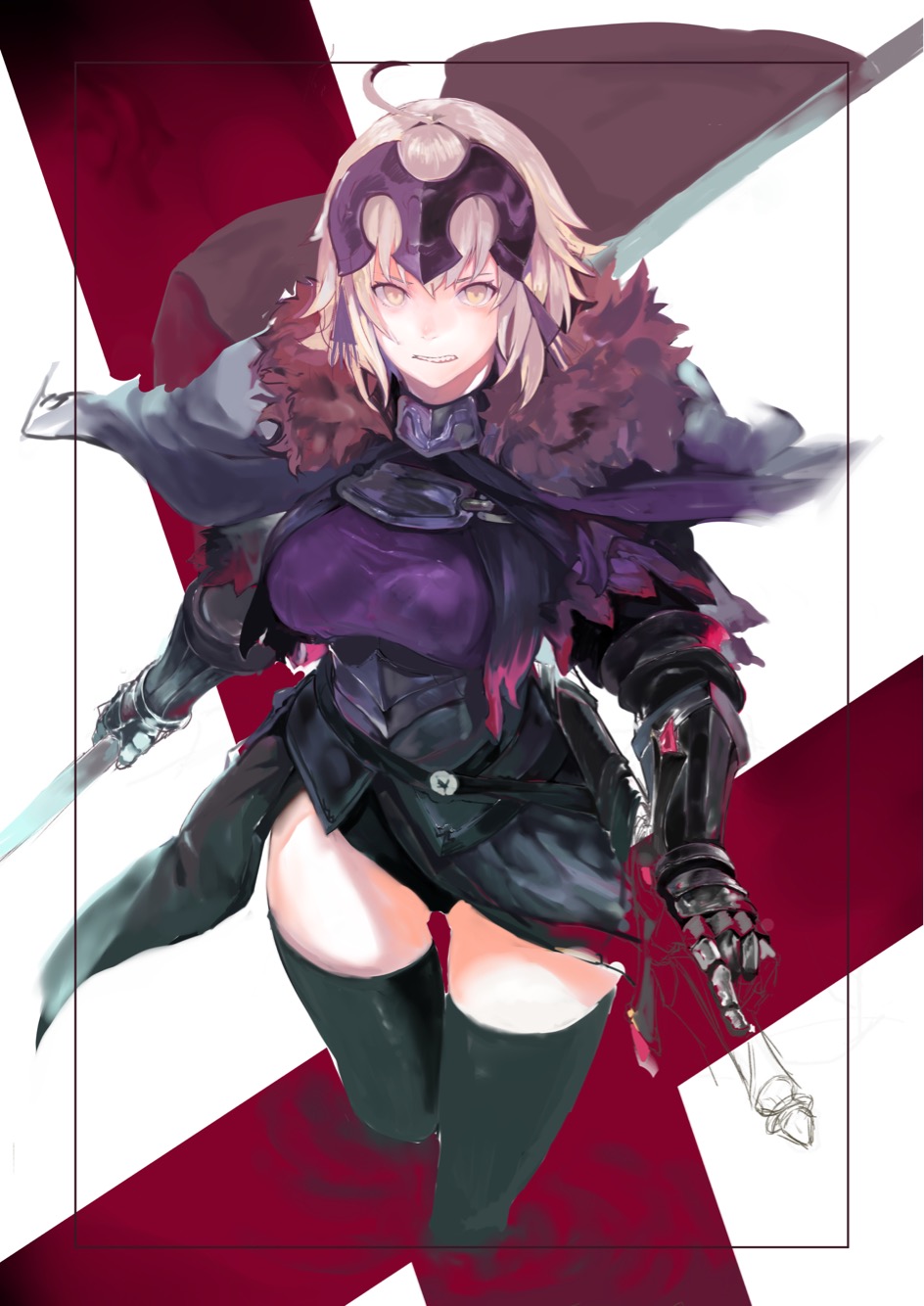 1girl ahoge armor armored_dress black_legwear breasts cloak fate/grand_order fate_(series) harutask headpiece highres holding holding_sword holding_weapon jeanne_d'arc_(alter)_(fate) jeanne_d'arc_(fate) looking_at_viewer short_hair silver_hair solo sword thigh-highs weapon yellow_eyes