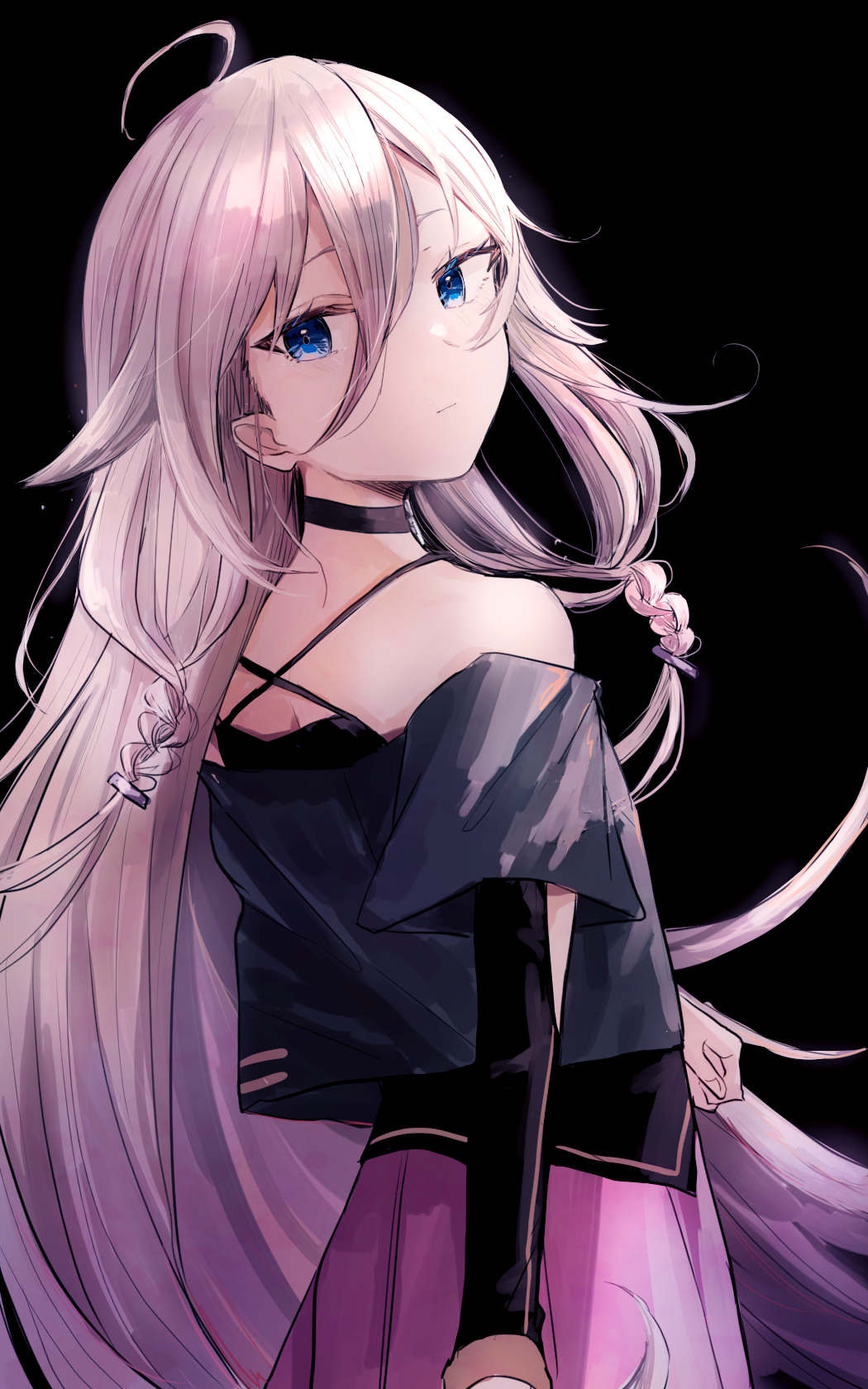 1girl :| ahoge akebisousaku bare_shoulders black_background black_shirt blue_eyes closed_mouth collar commentary_request expressionless hair_between_eyes highres ia_(vocaloid) long_hair looking_at_viewer looking_back partial_commentary pink_hair pink_skirt shirt simple_background skirt solo vocaloid