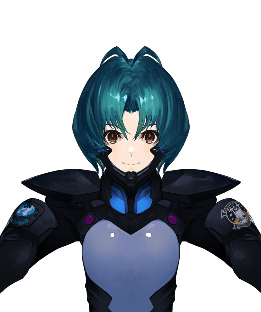 antenna_hair artist_request bangs blue_hair brown_eyes eyebrows_behind_hair flat_chest fortified_suit looking_at_viewer muvluv muvluv_alternative official_art parted_bangs pilot_suit project_mikhail short_hair skin_tight smile transparent_background upper_body yoroi_mikoto