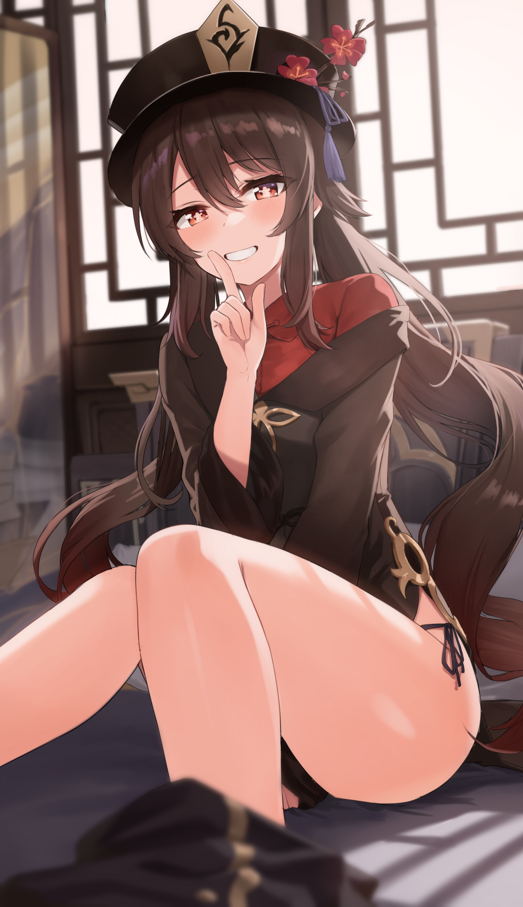 1girl ayul_(ayulneri_92) bangs bare_legs black_headwear black_shorts blush breasts brown_hair brown_shirt commentary finger_to_mouth flower flower-shaped_pupils genshin_impact grin hat hat_flower highres hu_tao_(genshin_impact) index_finger_raised long_hair long_sleeves looking_at_viewer off_shoulder panties plum_blossoms red_eyes red_shirt shirt shorts shorts_removed shushing side-tie_panties side-tie_peek sitting small_breasts smile solo star-shaped_pupils star_(symbol) string_panties symbol-shaped_pupils thighs twintails undershirt underwear very_long_hair
