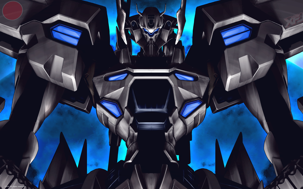 clenched_hands glowing looking_at_viewer mecha muvluv muvluv_alternative muvluv_total_eclipse no_humans official_art official_wallpaper science_fiction solo tactical_surface_fighter upper_body visor xfj-01a_shiranui
