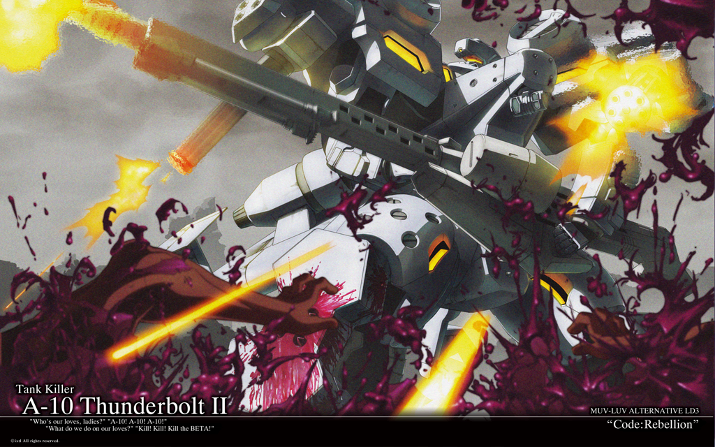 a-10_thunderbolt_ii_(muvluv) alien artist_request beta_(muvluv) blood character_name copyright_name firing gun holding holding_gun holding_weapon looking_to_the_side mecha muvluv muvluv_alternative no_humans official_art official_wallpaper science_fiction solo tactical_surface_fighter visor weapon