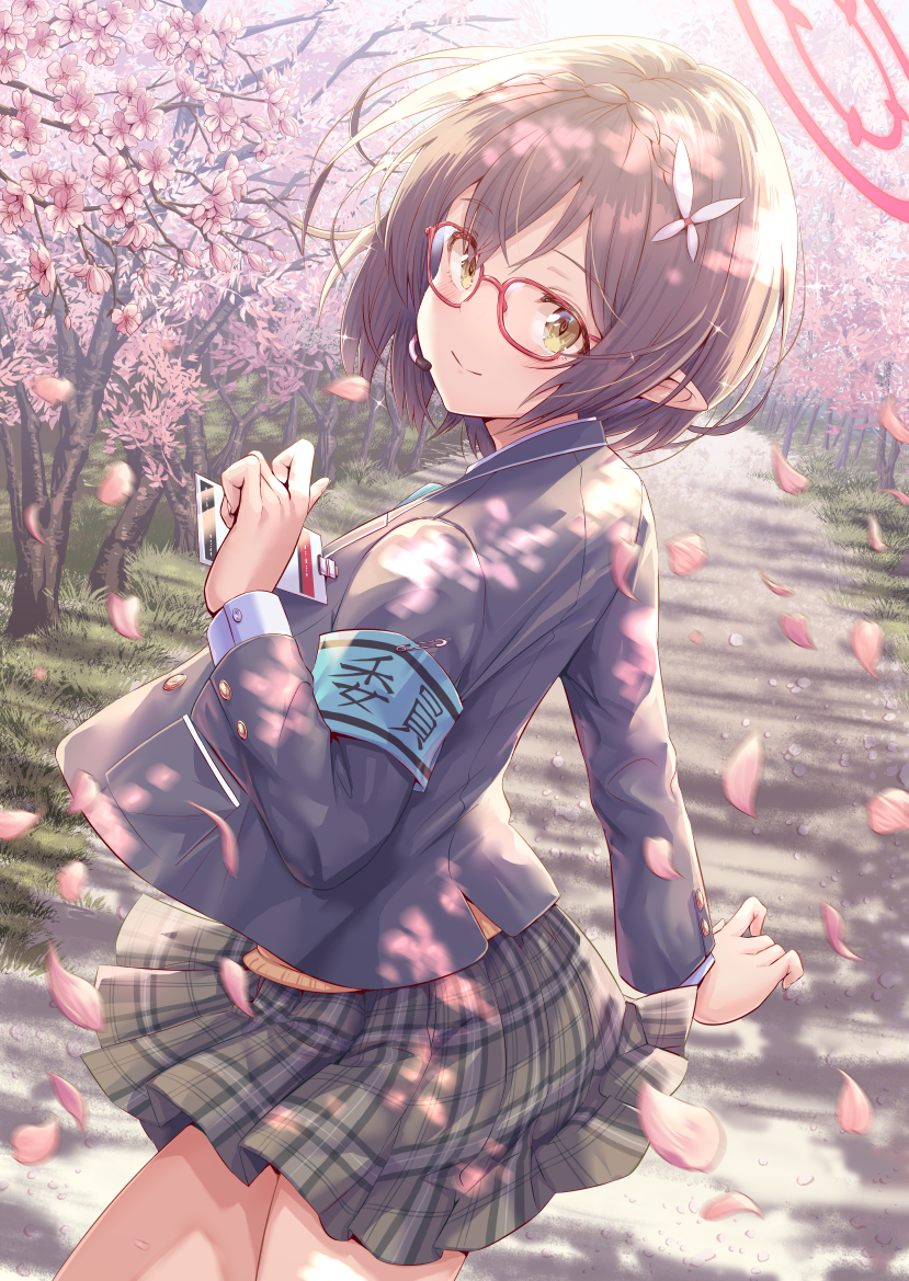 1girl armband ayane_(blue_archive) bangs black_hair black_jacket blue_archive blush cherry_blossoms commentary_request cowboy_shot day eyebrows_visible_through_hair flower forest glasses green_skirt hair_ornament halo hand_up hirokazu_(analysis-depth) id_card jacket long_sleeves looking_at_viewer looking_back nature outdoors petals pink_flower plaid plaid_skirt pointy_ears revision school_uniform short_hair skirt smile solo standing yellow_eyes