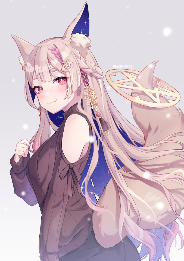 1girl animal_ear_fluff animal_ears bangs black_skirt blue_hair blush braid brown_hair brown_sweater chariot.f closed_mouth clothing_cutout commentary_request eyebrows_visible_through_hair fang fang_out fox_ears fox_girl fox_tail from_side grey_background indie_virtual_youtuber long_sleeves looking_at_viewer looking_to_the_side multicolored_hair official_art pafu_(vtuber) red_eyes ribbed_sweater short_eyebrows shoulder_cutout simple_background skirt sleeves_past_wrists smile solo star-shaped_pupils star_(symbol) sweater symbol-shaped_pupils tail tail_raised thick_eyebrows turtleneck turtleneck_sweater two-tone_hair virtual_youtuber
