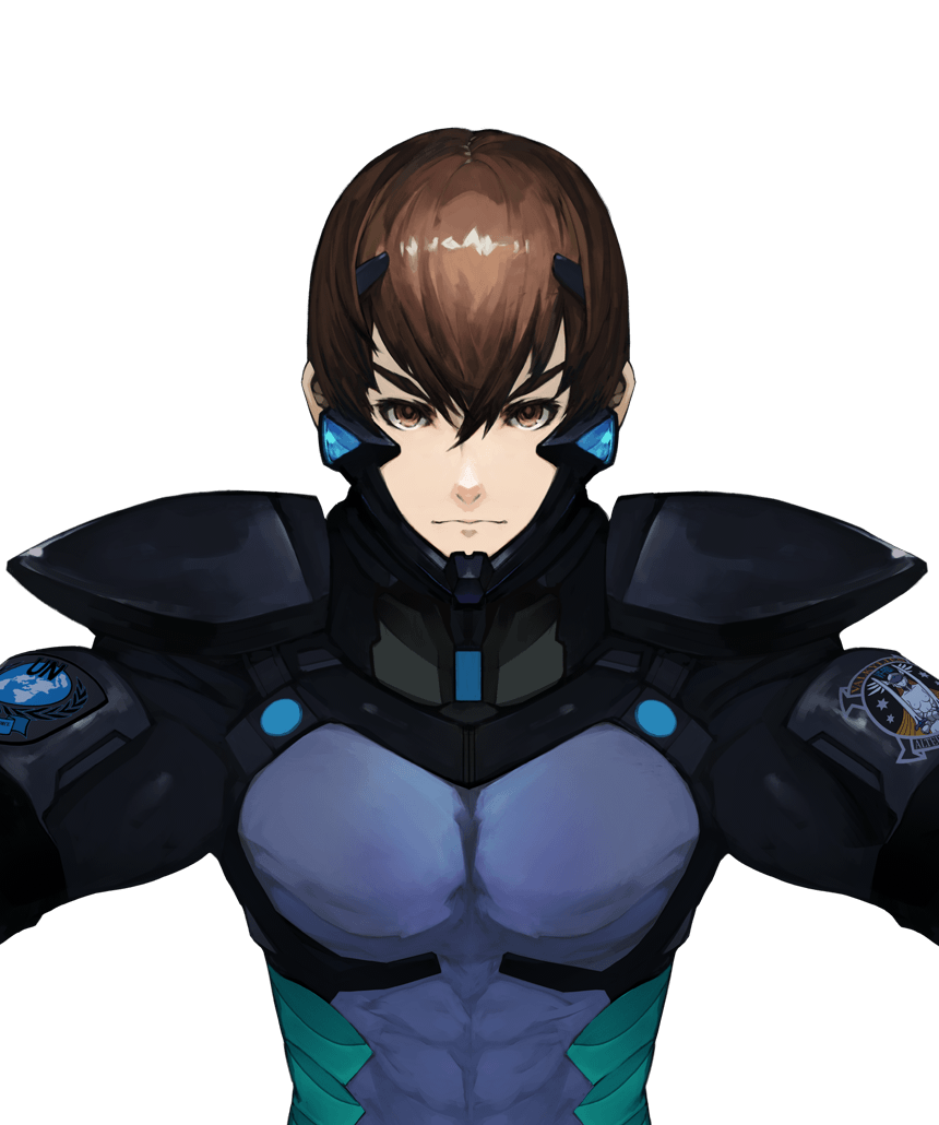 1boy artist_request bangs brown_eyes brown_hair eyebrows_behind_hair fortified_suit hair_between_eyes looking_at_viewer male_focus muvluv muvluv_alternative official_art pilot_suit project_mikhail shirogane_takeru solo transparent_background upper_body v-shaped_eyebrows