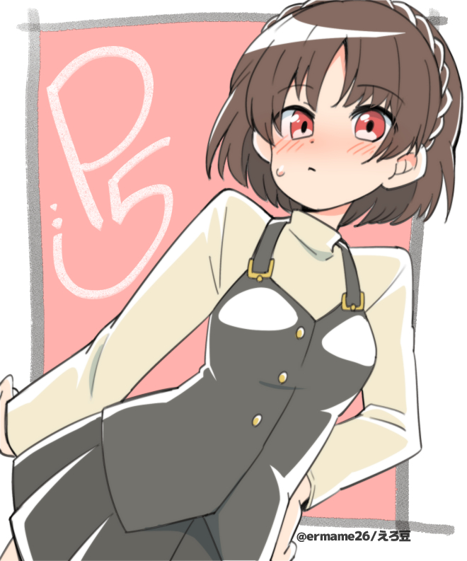 1girl bangs blush braid brown_hair eromame eyebrows_visible_through_hair hand_on_hip long_sleeves looking_at_viewer niijima_makoto persona persona_5 red_eyes school_uniform shirt short_hair shuujin_academy_uniform solo twitter_username upper_body vest white_shirt