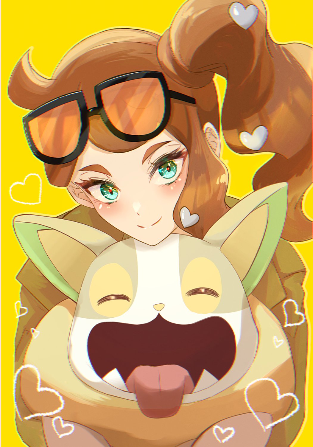 1girl blush brown_coat brown_hair closed_mouth coat commentary_request eyelashes eyewear_on_head green_eyes hair_ornament head_tilt heart heart_hair_ornament highres holding holding_pokemon long_hair looking_at_viewer pokemon pokemon_(creature) pokemon_(game) pokemon_swsh side_ponytail smile sonia_(pokemon) split_mouth ssn_(sasa8u9r) sunglasses upper_body yamper yellow_background