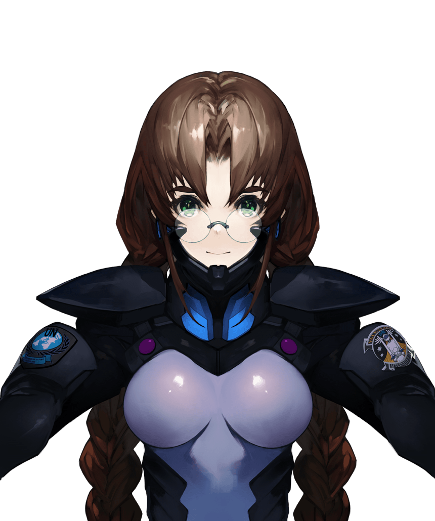 1girl artist_request bangs braid breasts brown_hair fortified_suit glasses green_eyes long_hair looking_at_viewer medium_breasts muvluv muvluv_alternative official_art parted_bangs pilot_suit project_mikhail round_eyewear sakaki_chizuru skin_tight solo thick_eyebrows transparent_background twin_braids upper_body very_long_hair