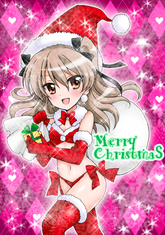 1girl argyle argyle_background bangs bikini black_ribbon boots bow bow_bikini bowtie brown_eyes christmas commentary_request elbow_gloves flat_chest fur_collar gift girls_und_panzer gloves hair_ribbon hat heart heart_background holding holding_gift holding_sack kuromori_yako light_brown_hair long_hair looking_at_viewer merry_christmas navel one_side_up open_mouth over_shoulder partial_commentary pink_background red_footwear red_gloves red_headwear ribbon sack santa_bikini santa_boots santa_gloves santa_hat shimada_arisu smile solo sparkle standing swimsuit