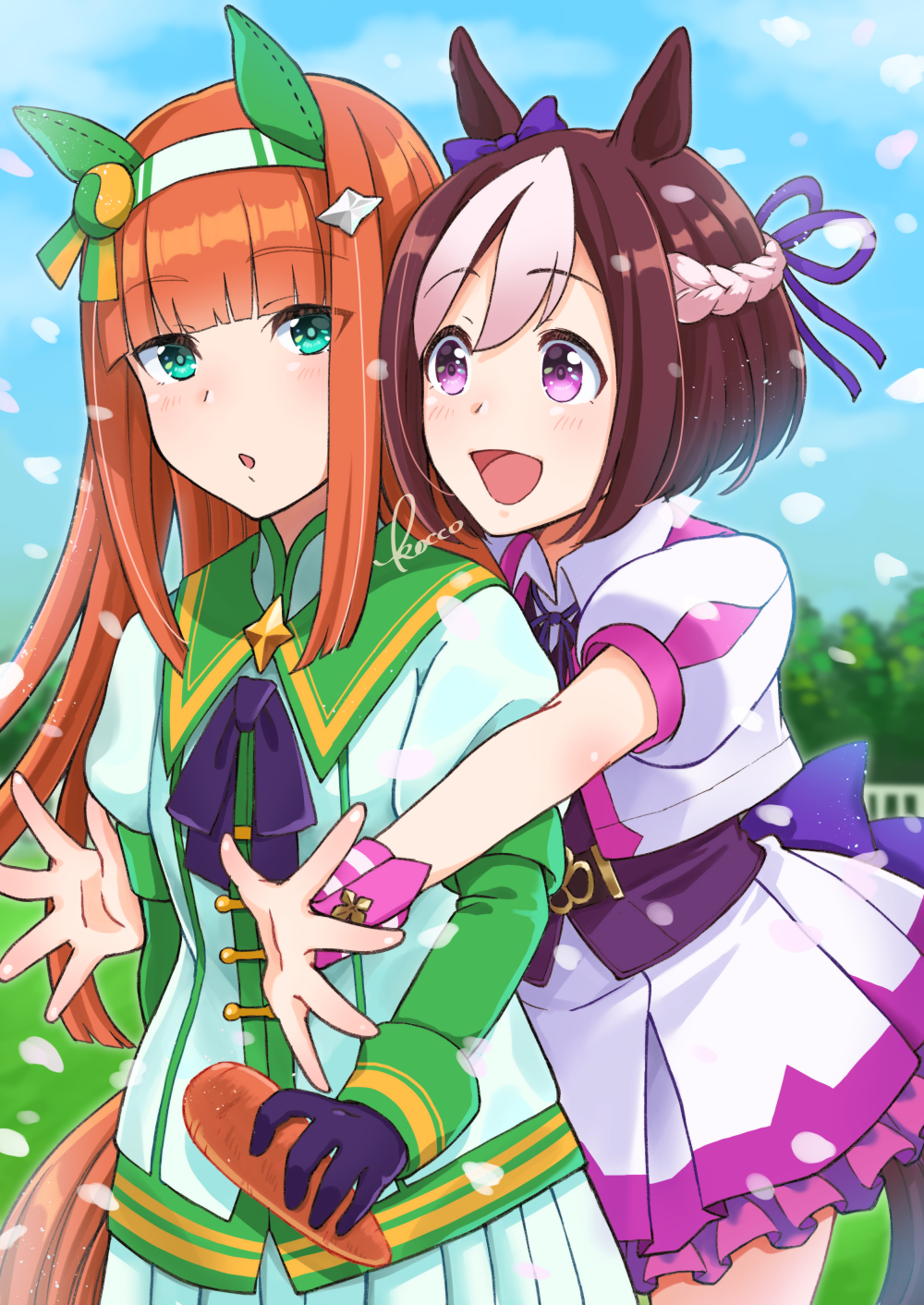 2girls :d :o animal_ears artist_name bangs black_gloves blunt_bangs blunt_ends blush braid brown_hair collared_dress commentary_request dress ear_ribbon fence french_braid gloves grass green_eyes happy highres holding_carrot horse_girl horse_tail kokko long_hair long_sleeves looking_at_viewer multicolored_hair multiple_girls open_mouth orange_hair puffy_short_sleeves puffy_sleeves purple_ribbon ribbon shiny shiny_hair short_hair short_sleeves sidelocks silence_suzuka_(umamusume) smile special_week_(umamusume) tail tongue two-tone_hair umamusume violet_eyes white_dress white_hair wing_collar wrist_cuffs