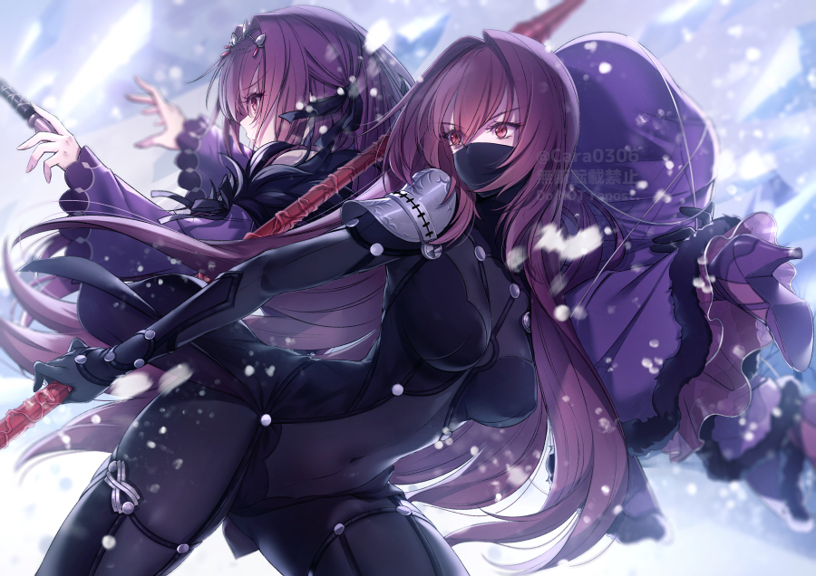 2girls armor ass bangs banned_artist bare_shoulders bodysuit breasts carrying_over_shoulder covered_navel dress fate/grand_order fate_(series) feather_trim hair_between_eyes kyara36 large_breasts long_hair long_sleeves looking_at_viewer mask midriff multiple_girls nipples pantyhose pauldrons purple_bodysuit purple_dress purple_hair purple_legwear red_eyes scathach_(fate) scathach_skadi_(fate) shoulder_armor spear thighs tiara wand zettai_ryouiki