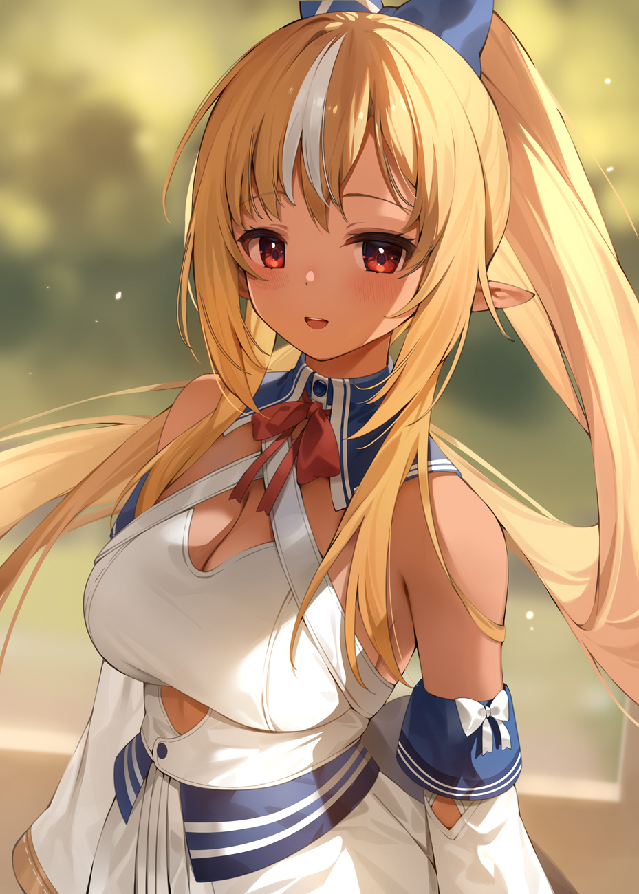 1girl bangs blonde_hair blue_bow blush bow breasts commentary_request dark-skinned_female dark_skin detached_sleeves dress elf eyebrows_visible_through_hair hair_bow hana_mori highres hololive large_breasts long_hair long_sleeves looking_at_viewer multicolored_hair open_mouth pointy_ears ponytail red_eyes shiranui_flare smile solo streaked_hair upper_body very_long_hair virtual_youtuber white_dress white_hair