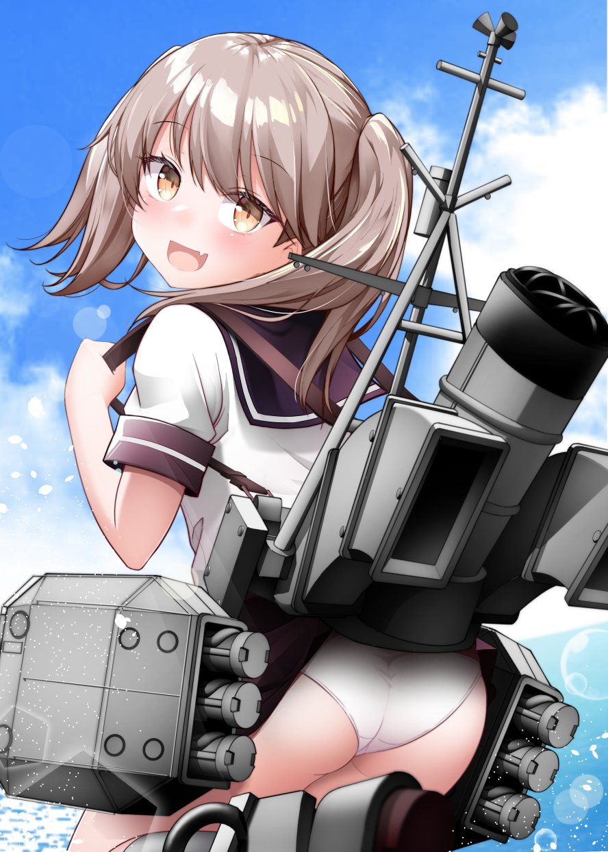 1girl accidental_exposure ass ayanami_(kancolle) ayanami_(kancolle)_(cosplay) black_sailor_collar black_skirt blue_sky brown_eyes brown_hair clouds commentary_request cosplay day fang from_behind highres kantai_collection kirigakure_(kirigakure_tantei_jimusho) looking_at_viewer machinery miniskirt panties revision ryuujou_(kancolle) sailor_collar skin_fang skirt skirt_caught_on_object sky smile smokestack solo torpedo_launcher underwear white_panties yellow_eyes