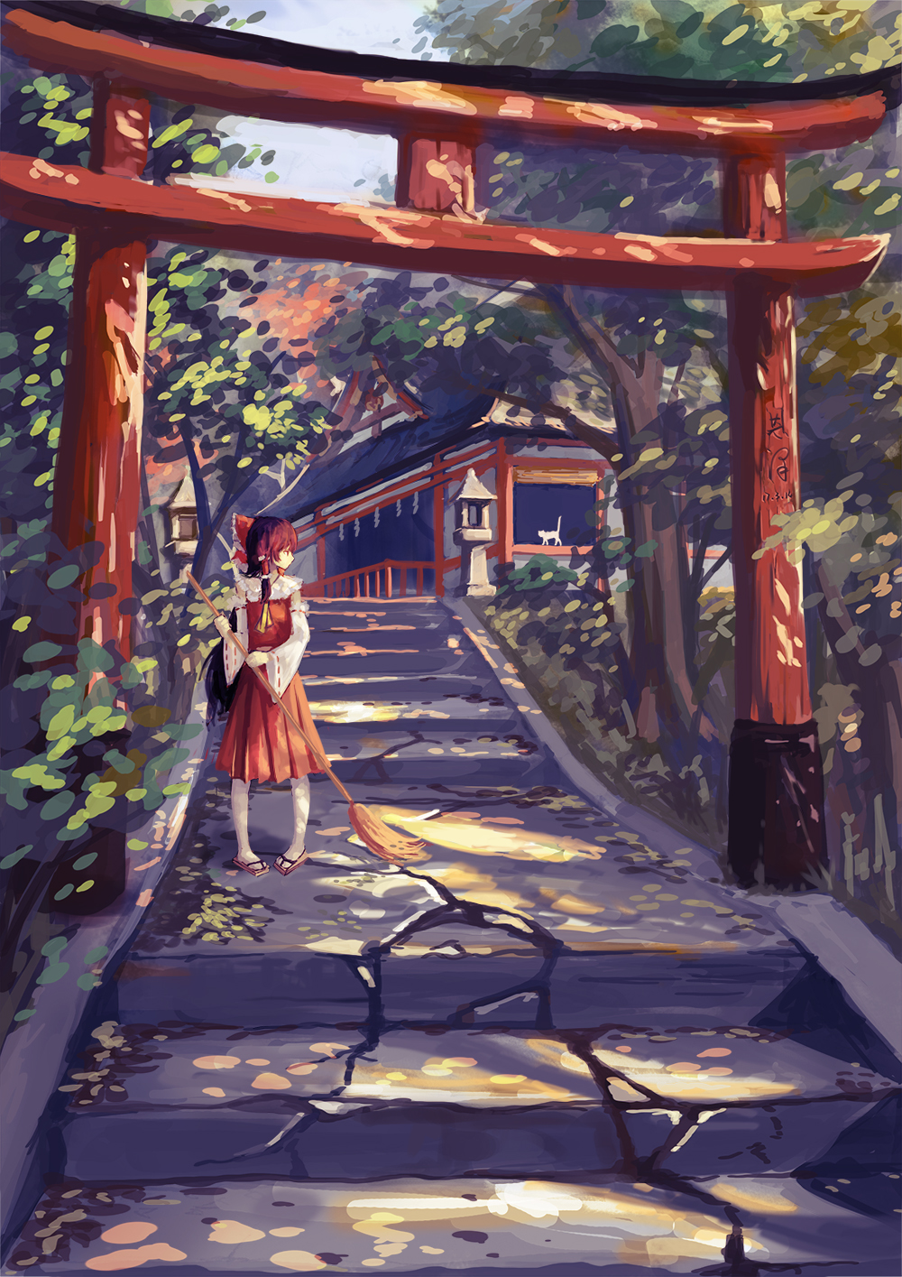 1girl bow broom cat commentary_request dated hair_bow hakurei_reimu highres japanese_clothes making-of_available nontraditional_miko outdoors path photoshop_(medium) pigeon-toed red_bow revision road shrine signature solo stairs standing stone_lantern torii touhou tree xiaobanbei_milk