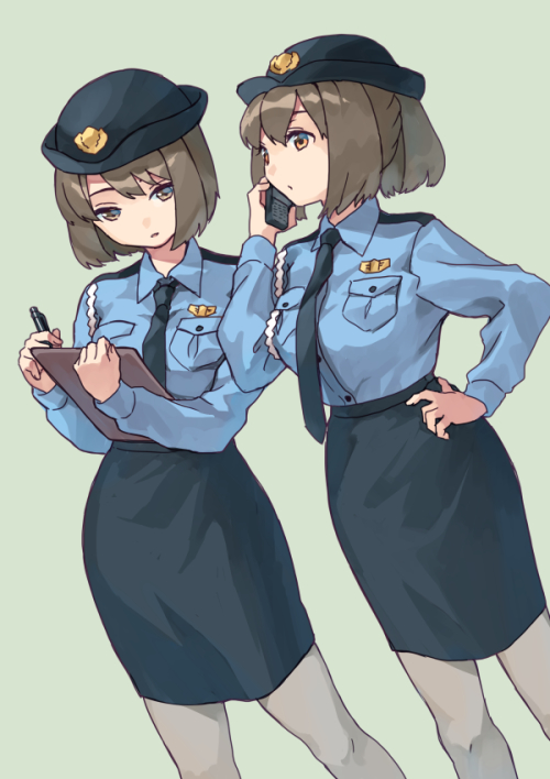 2girls alternate_costume black_necktie black_skirt blue_shirt brown_eyes brown_hair calling cellphone clipboard commentary_request commission cowboy_shot dutch_angle feet_out_of_frame female_service_cap grey_background grey_legwear holding holding_phone hyuuga_(kancolle) ise_(kancolle) kantai_collection mitsuyo_(mituyo324) multiple_girls necktie pantyhose pen pencil_skirt phone police police_uniform policewoman ponytail rope shirt short_hair simple_background skirt uniform