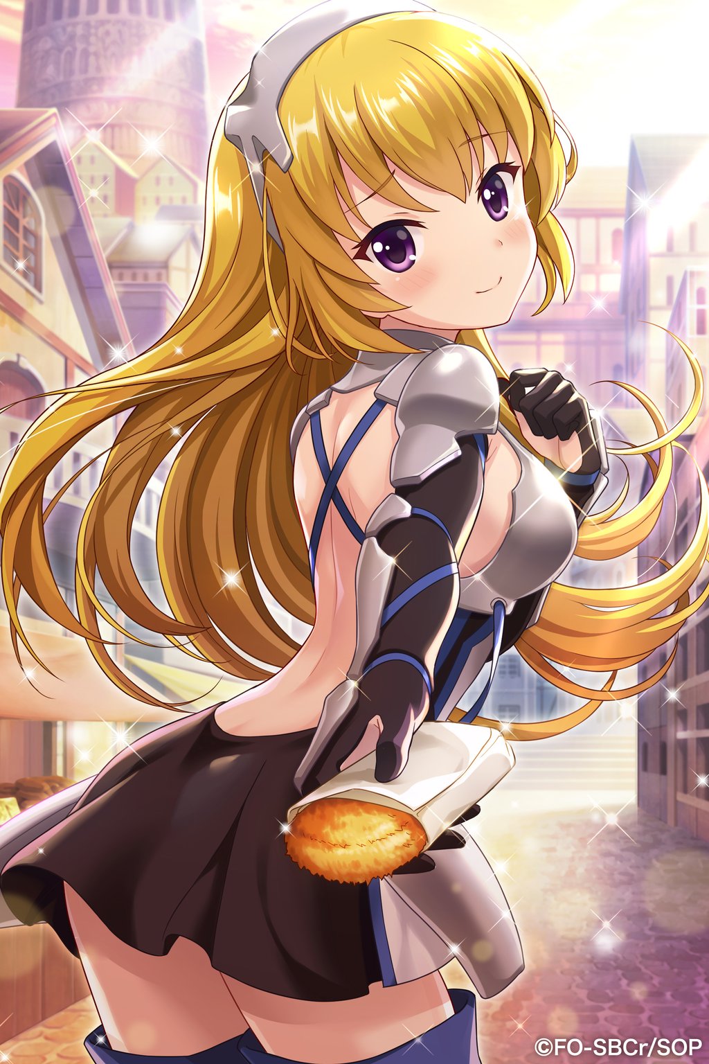 1girl aiz_wallenstein alternative_girls armor bare_back blonde_hair breastplate closed_mouth dress dungeon_ni_deai_wo_motomeru_no_wa_machigatteiru_darou_ka eyebrows_visible_through_hair food hair_ornament highres holding holding_food long_hair looking_at_viewer mizushima_airi official_art outdoors pauldrons shoulder_armor smile solo sword_oratoria violet_eyes