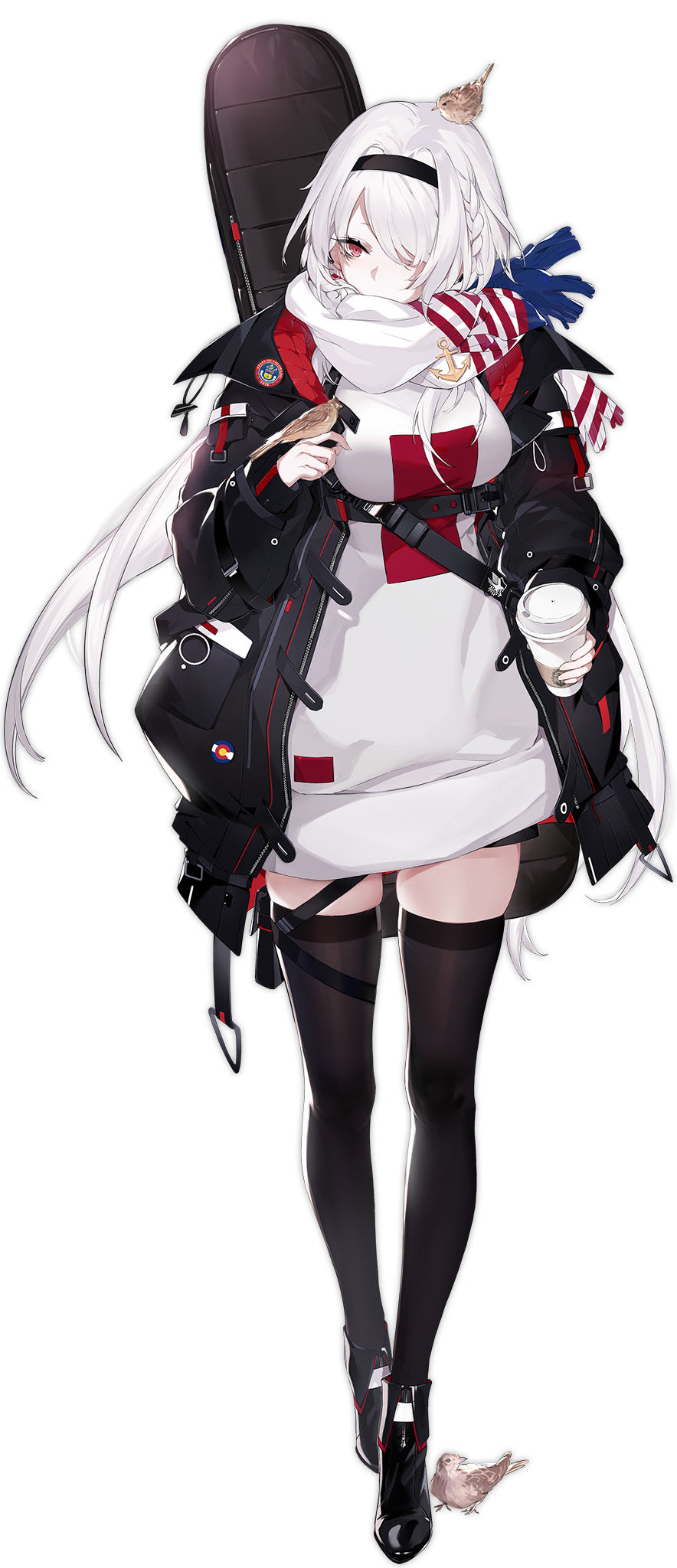 1girl azur_lane bird black_footwear black_jacket black_legwear chuzenji coffee colorado_(azur_lane) colorado_(traveling_melody)_(azur_lane) cup hair_ornament hairband highres holding holding_cup instrument jacket long_hair looking_at_viewer official_alternate_costume official_art one_eye_covered red_eyes scarf standing thigh-highs transparent_background white_hair