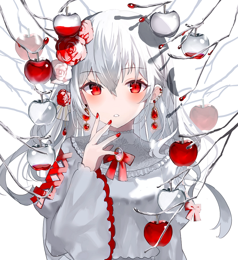 1girl apple bangs crystal_apple crystal_earrings earrings eyebrows_visible_through_hair flower food fruit grey_hair hair_flower hair_ornament jewelry juliet_sleeves long_hair long_sleeves looking_at_viewer open_mouth original puffy_sleeves red_apple red_eyes red_nails rose sakizaki_saki-p simple_background solo upper_body white_background white_flower white_rose wide_sleeves