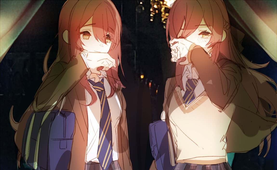 2girls absurdres beige_sweater blue_neckwear brown_eyes brown_hair collared_shirt eyebrows_visible_through_hair from_above gradient gradient_background grey_jacket h_cho3 hair_between_eyes hands_clasped highres idolmaster idolmaster_shiny_colors jacket long_hair looking_at_viewer multiple_girls one_eye_closed oosaki_amana oosaki_tenka open_mouth own_hands_together plaid plaid_skirt pleated_skirt school_uniform shirt siblings sidelocks skirt standing straight_hair striped striped_neckwear tokufumi twins white_shirt