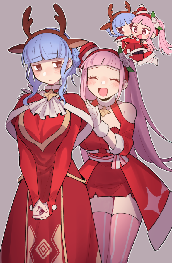 2girls alternate_costume animal_ears bangs bare_shoulders blue_eyes blunt_bangs breasts brown_eyes carrying chibi christmas closed_eyes deer_antlers deer_ears do_m_kaeru dress eyebrows_visible_through_hair fake_animal_ears fake_antlers fire_emblem fire_emblem:_three_houses fire_emblem_heroes flower grey_background hair_bun hair_flower hair_ornament hairband hat hilda_valentine_goneril marianne_von_edmund multiple_girls multiple_views official_alternate_costume open_mouth pink_eyes pink_hair princess_carry simple_background standing thigh-highs tongue twintails