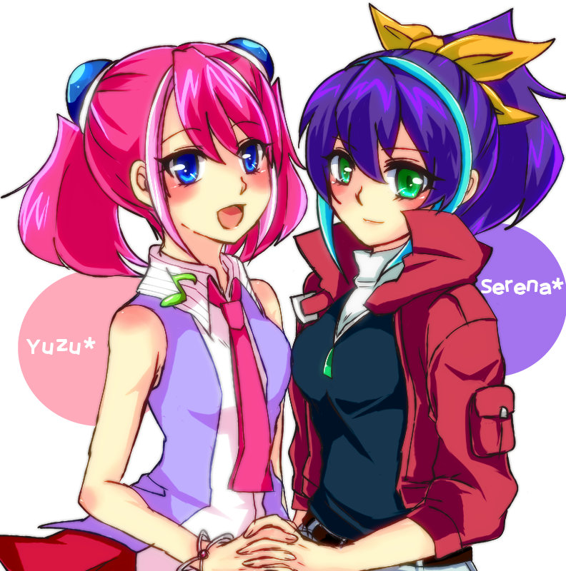 2girls blue_eyes blue_hair bow bracelet bracelet_girls crossed_arms green_eyes hair_bow highres hiiragi_yuzu jacket kotanien multicolored_hair multiple_girls musical_note necktie pink_hair ponytail serena_(yuu-gi-ou_arc-v) short_twintails sleeveless star twintails two-tone_hair yu-gi-oh! yu-gi-oh!_arc-v yuu-gi-ou yuu-gi-ou_arc-v