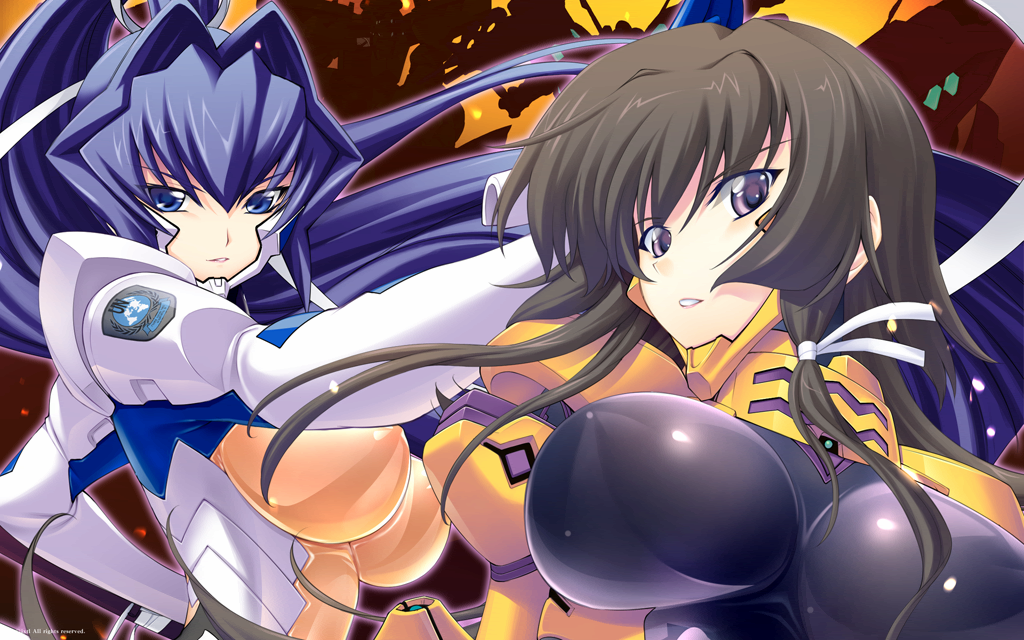 2girls artist_request blue_eyes blue_hair breasts brown_hair eyebrows_visible_through_hair floating_hair fortified_suit hair_behind_ear hair_intakes head_tilt large_breasts long_hair mitsurugi_meiya multiple_girls muvluv muvluv_alternative muvluv_total_eclipse official_art official_wallpaper parted_lips pilot_suit skin_tight smile takamura_yui violet_eyes