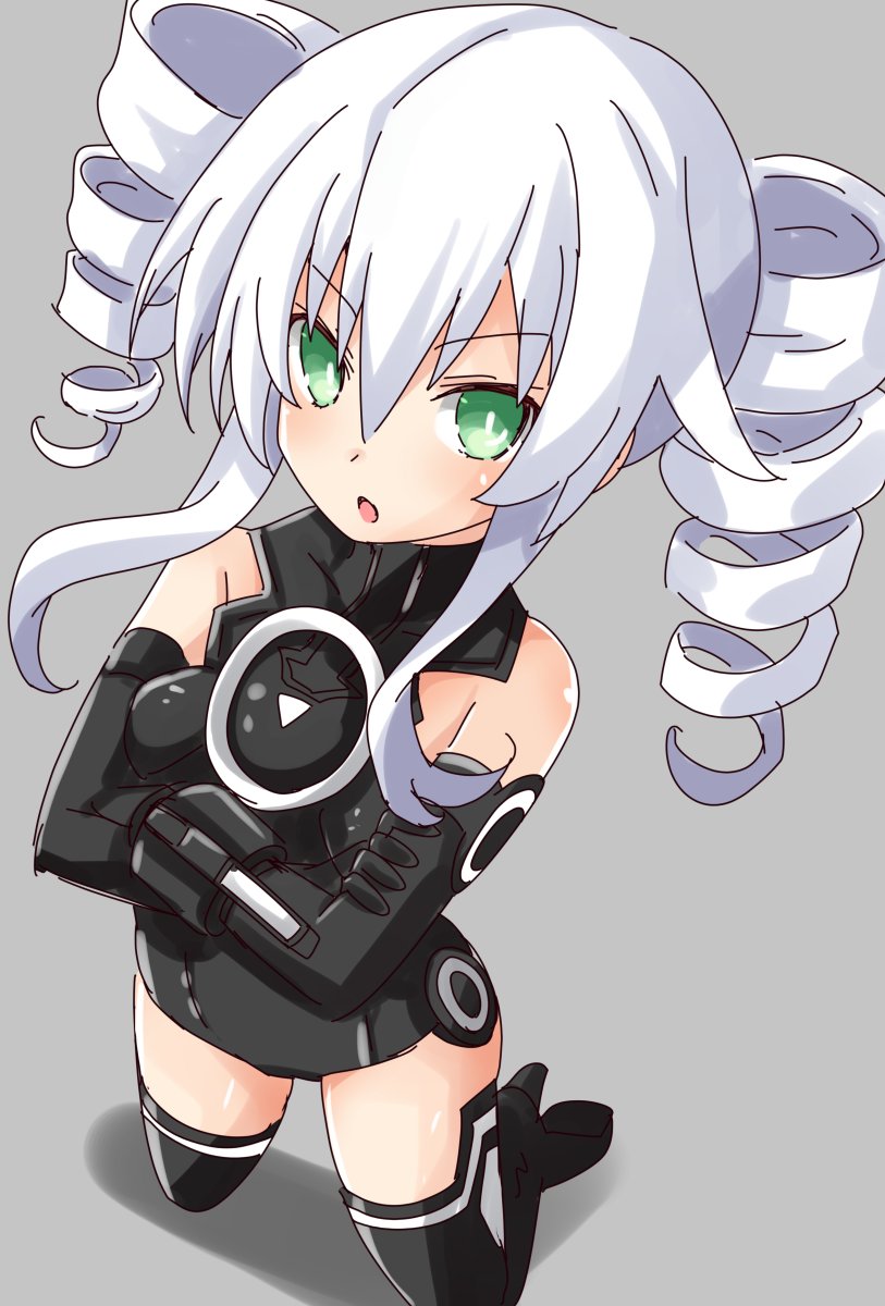 1girl :o bare_shoulders black_gloves black_legwear black_leotard black_sister blush boots breasts choujigen_game_neptune_mk2 crossed_arms drill_hair elbow_gloves full_body gloves green_eyes high_heel_boots high_heels highres iwashi_dorobou_-r- kneeling leotard long_hair neptune_(series) power_symbol silver_hair simple_background small_breasts solo symbol-shaped_pupils thigh-highs thigh_boots twin_drills