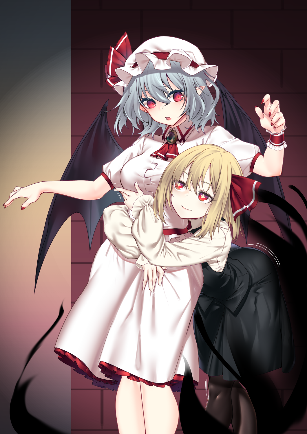 +_+ 2girls ascot bat_wings black_skirt black_vest blonde_hair blue_hair breast_grab breasts brooch commentary_request fingernails grabbing hair_between_eyes hat height_difference highres hug hug_from_behind jewelry large_breasts long_sleeves medium_hair mob_cap multiple_girls pink_skirt pointy_ears puffy_short_sleeves puffy_sleeves red_ascot red_eyes red_nails remilia_scarlet rumia short_sleeves shukusuri skirt slit_pupils standing touhou vest wings wristband yuri