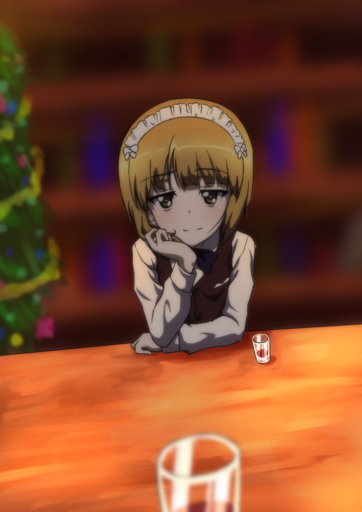 1girl bangs bar bartender blonde_hair blunt_bangs blurry blurry_background blurry_foreground bob_cut brown_vest christmas_tree closed_mouth cup depth_of_field dress_shirt drinking_glass elbow_rest eyebrows_visible_through_hair girls_und_panzer half-closed_eyes head_rest indoors key_(gaigaigai123) long_sleeves maid_headdress shirt short_hair smile solo vest white_shirt wing_collar yellow_eyes
