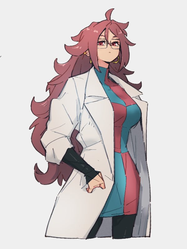 1girl android_21 checkered_clothes checkered_dress closed_mouth dragon_ball dragon_ball_fighterz dress earrings glasses grey_background hair_between_eyes hoop_earrings jewelry kemachiku labcoat long_hair looking_at_viewer red_eyes redhead simple_background solo