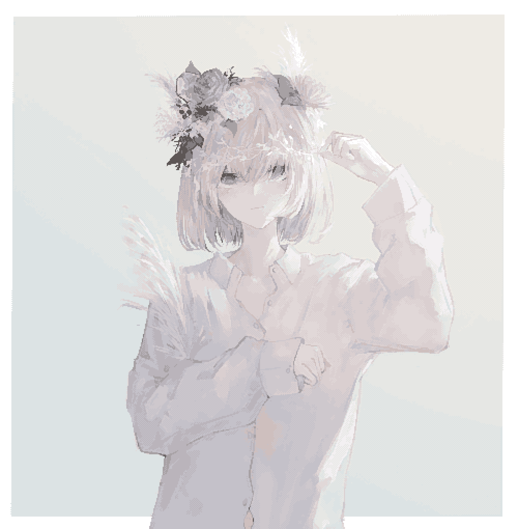 1girl arm_up bangs blue_eyes blue_flower blue_rose blush closed_mouth collared_shirt dress_shirt flower grey_background hair_between_eyes hair_flower hair_ornament highres kisei2 long_sleeves looking_at_viewer original partially_unbuttoned pixel_art rose shirt sleeves_past_wrists solo upper_body white_flower white_hair white_shirt