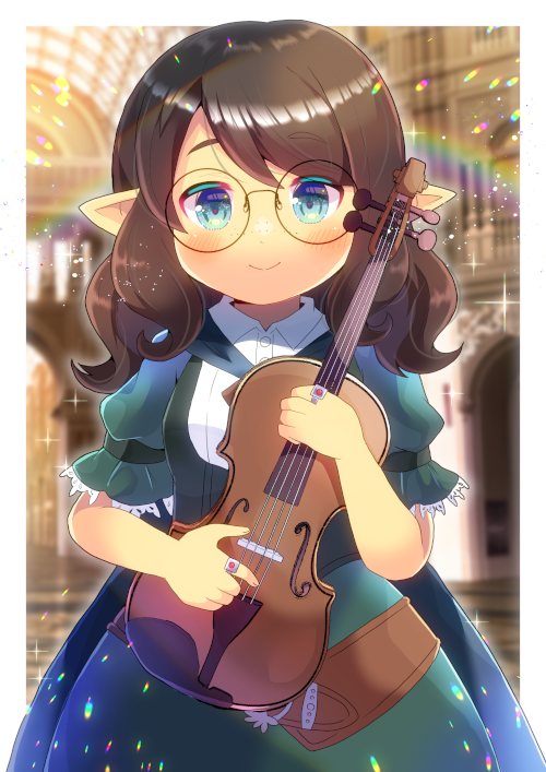 1girl bangs blue_eyes blurry blurry_background blush brown-framed_eyewear brown_hair closed_mouth collared_dress commission copyright_request depth_of_field dress eyebrows_visible_through_hair glasses green_dress holding holding_instrument instrument kou_hiyoyo lens_flare long_hair pointy_ears puffy_short_sleeves puffy_sleeves round_eyewear short_sleeves skeb_commission smile solo violin