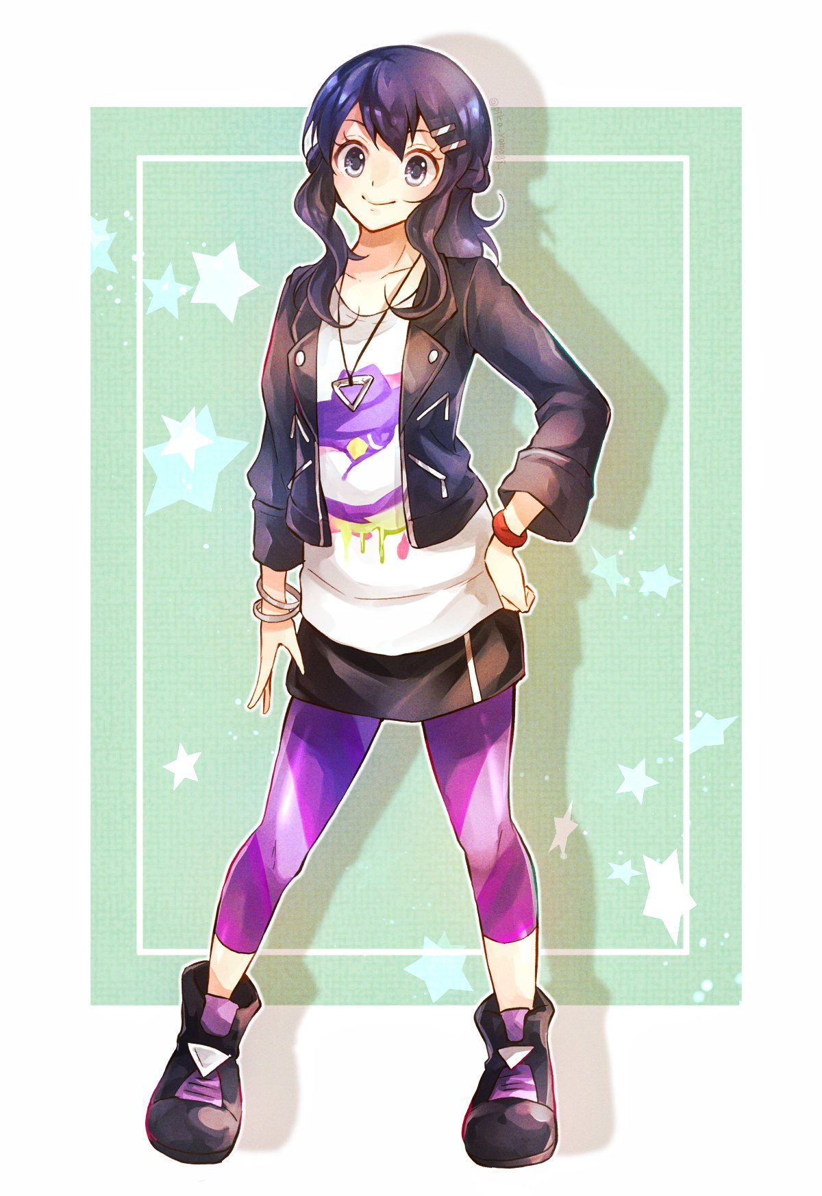 1girl black_footwear black_jacket black_skirt bracelet closed_mouth collarbone contrapposto full_body grey_eyes hand_on_hip highres hikari_(pokemon) jacket jewelry long_hair long_sleeves looking_at_viewer miniskirt open_clothes open_jacket pants pants_under_skirt pendant pokemon pokemon_(game) pokemon_dppt print_shirt purple_hair purple_pants shiny shiny_hair shirt skirt smile solo standing white_shirt yomogi_(black-elf)