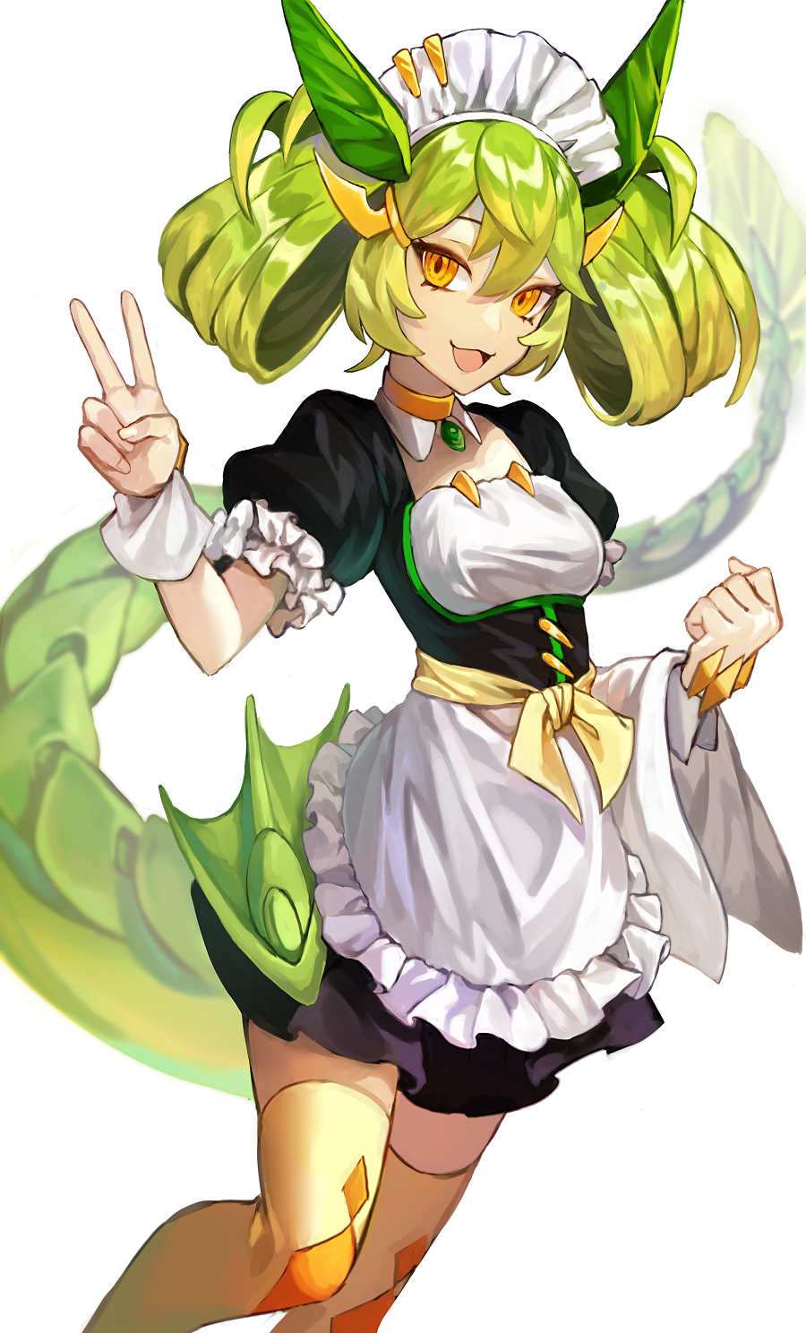 1girl 9romit apron breasts clenched_hand dragon_girl dragon_horns dragon_tail dress duel_monster feet_out_of_frame green_hair highres horns maid_apron maid_headdress medium_breasts orange_eyes parlor_dragonmaid puffy_short_sleeves puffy_sleeves short_sleeves solo tail thigh-highs v waist_apron white_background wrist_cuffs yu-gi-oh!