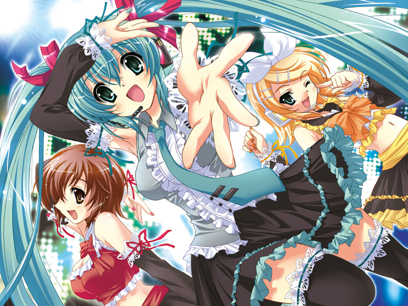 armpits bowtie detached_sleeves frills hatsune_miku headset kagamine_rin meiko multiple_girls nail_polish necktie open_mouth outstretched_arm outstretched_hand reaching skirt smile suzui_narumi thigh-highs thighhighs twintails vocaloid wink zettai_ryouiki