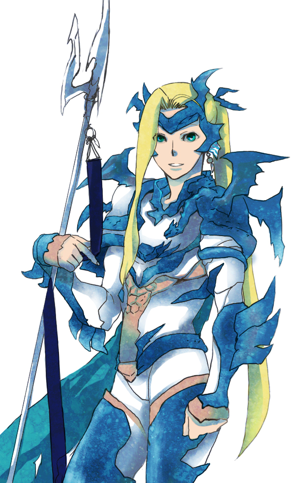 aqua_eyes armor blonde_hair bzp cain_highwind cape dragoon final_fantasy final_fantasy_iv final_fantasy_iv_the_after long_hair male polearm ponytail smile solo spear spoilers standing weapon