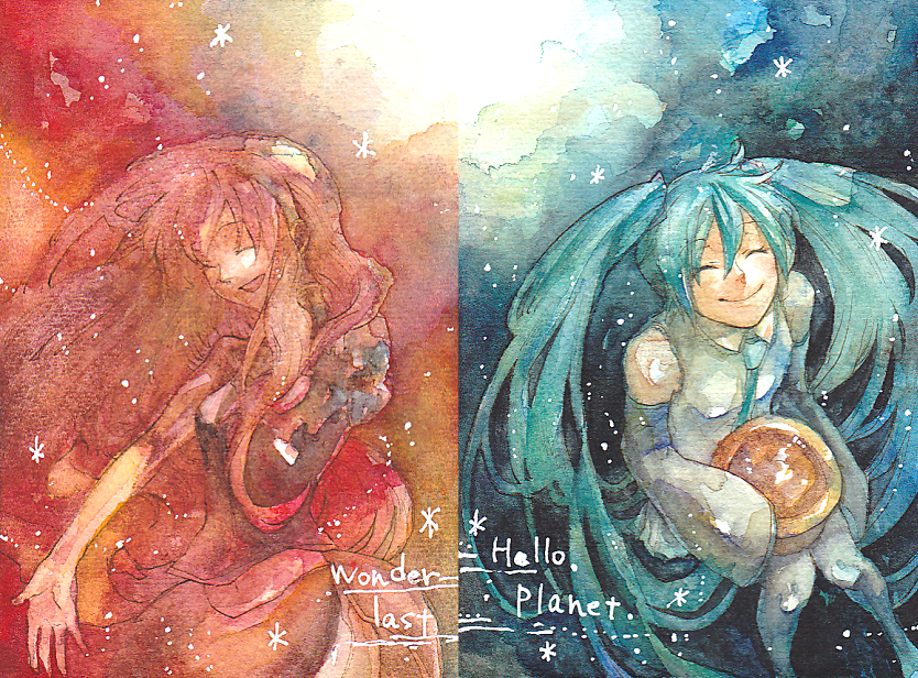 campanula-star closed_eyes happy hatsune_miku hello_planet_(vocaloid) long_hair megurine_luka multiple_girls pink_hair pot smile songover traditional_media twintails very_long_hair vocaloid wander_last_(vocaloid) watercolor_(medium)