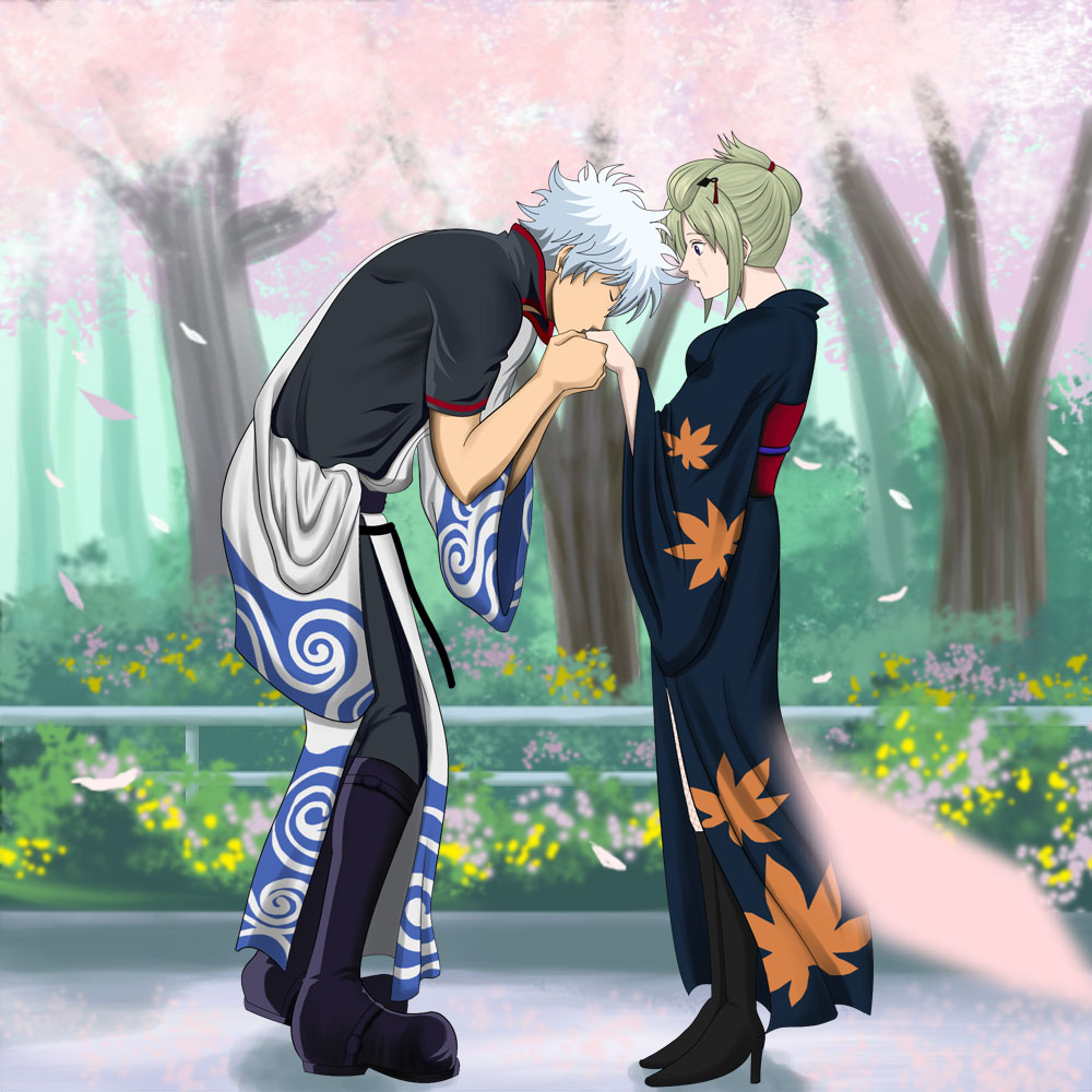 1boy 1girl bankotsu cherry_blossoms clannad couple gintama hair_ornament hairpin hetero japanese_clothes kiss leaf parody sakata_gintoki scar tsukuyo