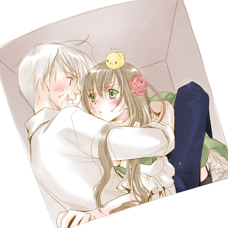 blush brown_hair duck eye_contact flower green_eyes hair_flower hair_ornament hungary_(hetalia) long_hair minakami_kaori prussia_(hetalia) scar silver_hair sweatdrop