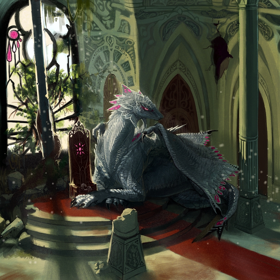 dragon hajikami no_humans pixiv pixiv_fantasia ruins skull throne