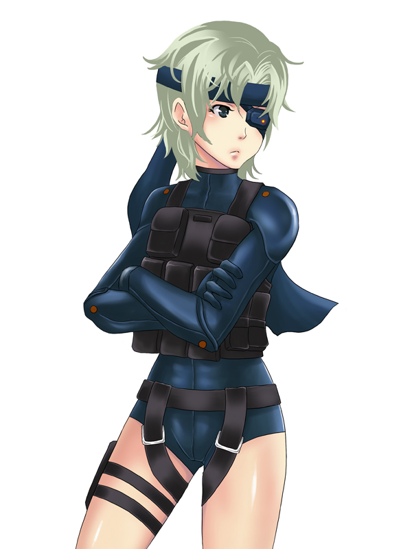 black_eyes bodysuit crossed_arms eyepatch female grey_hair headband konami mei_(pixiv290318) metal_gear metal_gear_solid metal_gear_solid_4 short_hair solid_snake solo