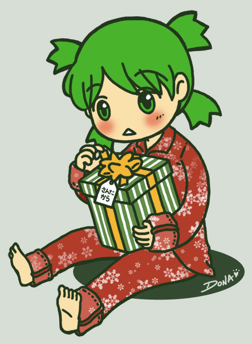 barefoot blush child gift green_eyes green_hair holding holding_gift koiwai_yotsuba pajamas quad_tails superdonut yotsubato!