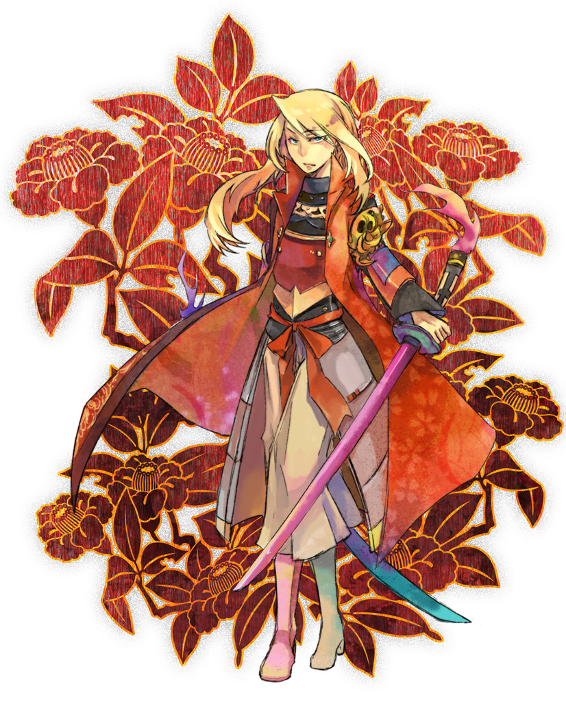 blonde_hair blue_eyes flower katana kujura_(sekaiju) sekaiju_no_meikyuu sekaiju_no_meikyuu_3 shaingtao shaingtao_(artist) shogun_(sekaiju) sword weapon