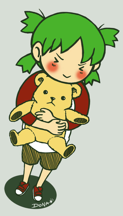 &gt;_&lt; blush child green_hair koiwai_yotsuba quad_tails solo stuffed_animal teddy_bear yotsubato!