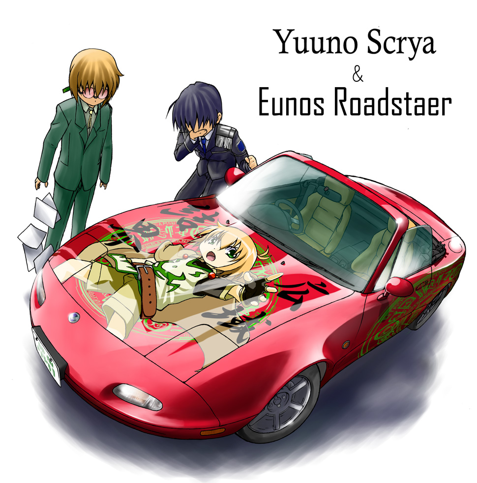 blonde_hair blue_hair car chrono_harlaown itasha mahou_shoujo_lyrical_nanoha yuuno_scrya