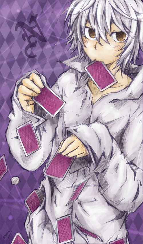 adult brown_eyes card card_in_mouth card_in_pocket cards death_note falling_card hangdok holding holding_card male mouth_hold near silver_hair solo