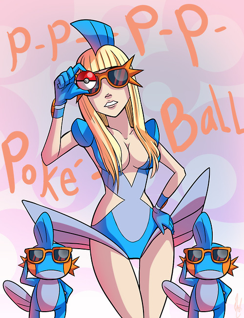 1girl bangs blonde_hair breasts cleavage glasses hime_cut lady_gaga long_hair mudkip poke_ball poke_ball_(generic) pokemon pokemon_(creature) sunglasses what